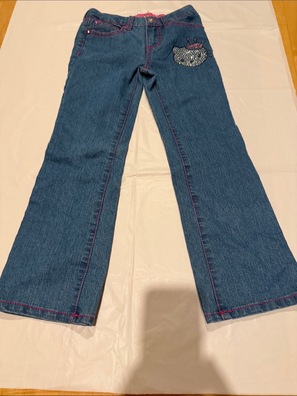 Hello Kitty Girls Dark Blue Denim Jeans with Pink Stitching and Crown Accent